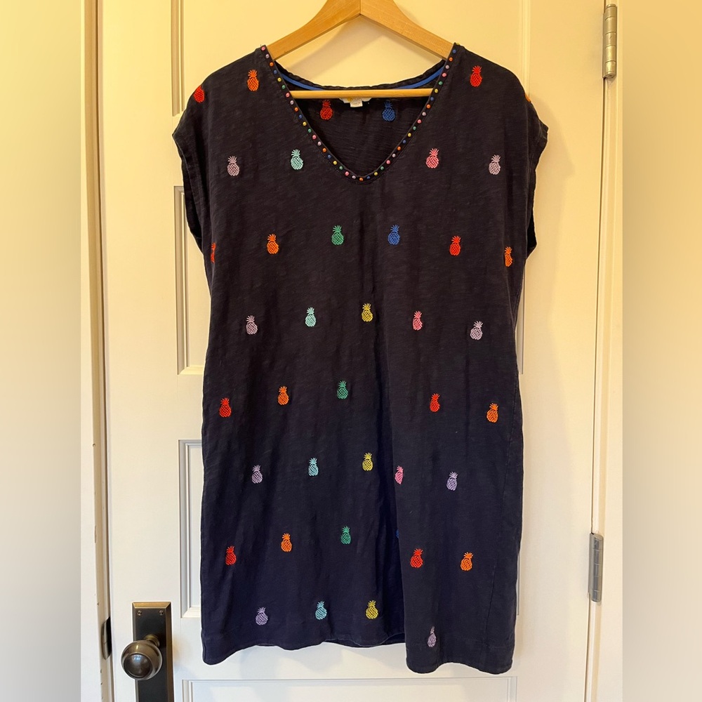 🍍Boden • Polly Embroidered Pineapple Dress • Navy Cotton Shift • Size 12P